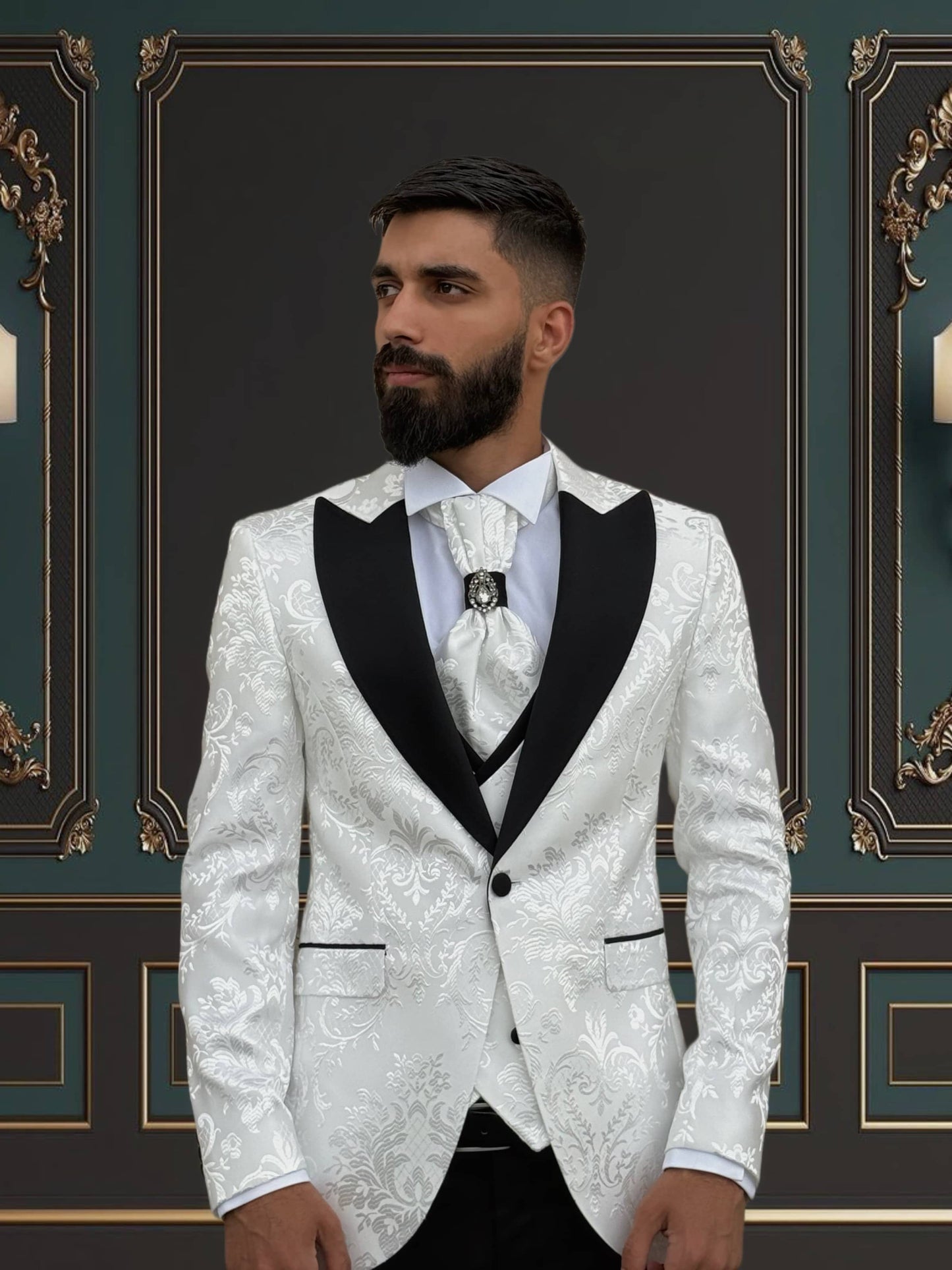 Men's White Floral Design Tuxedo with Peak Lapel | Weddings & Special Events