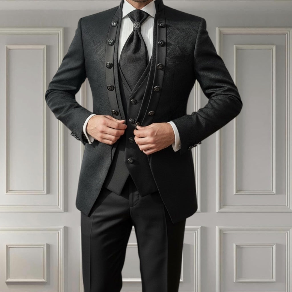 Men's Black Paisley Tuxedo Mandarin Collar Tuxedo | Premium Tux
