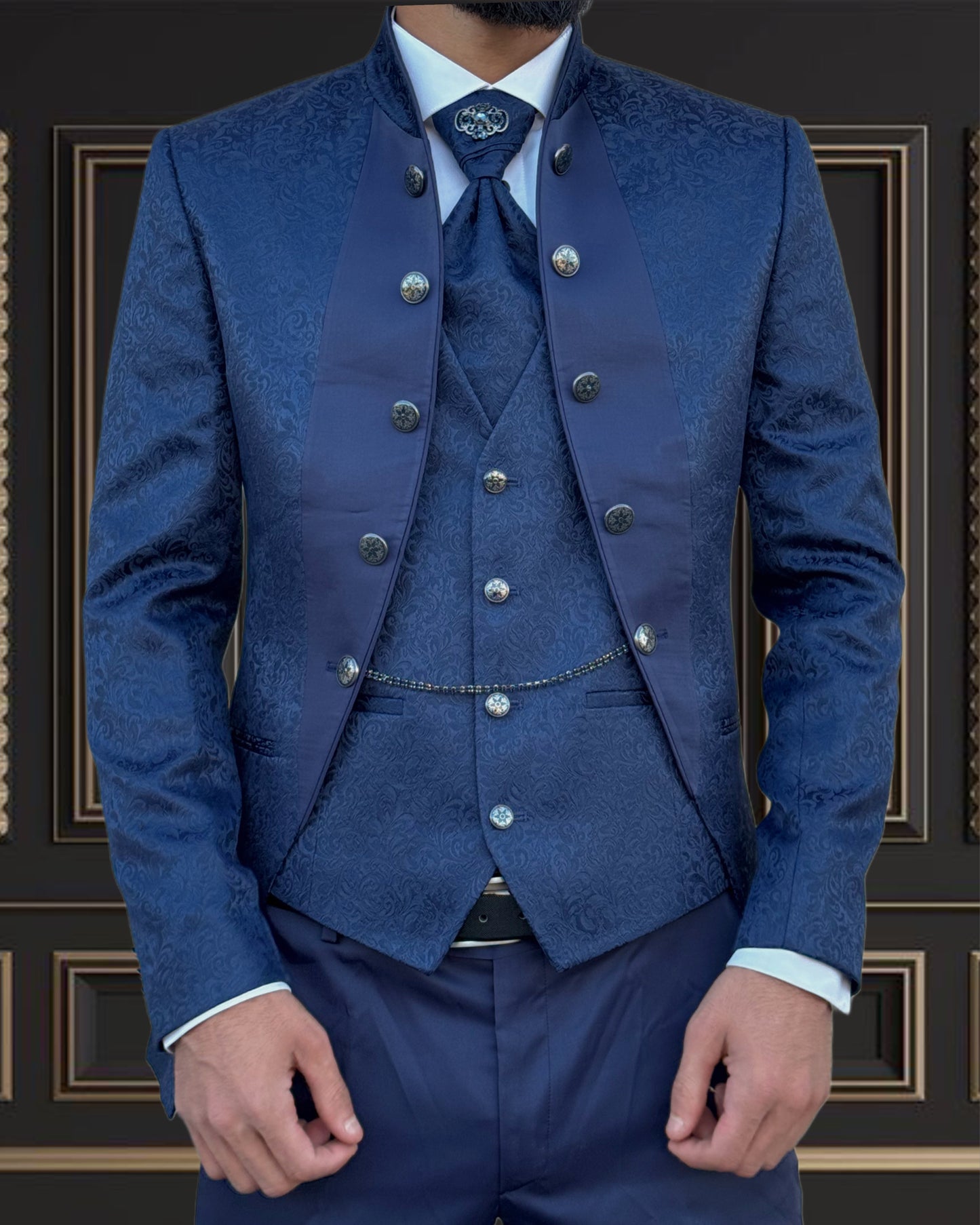 Men's Blue Mandarin Collar Tuxedo | Slim Fit Premium Formal Wear