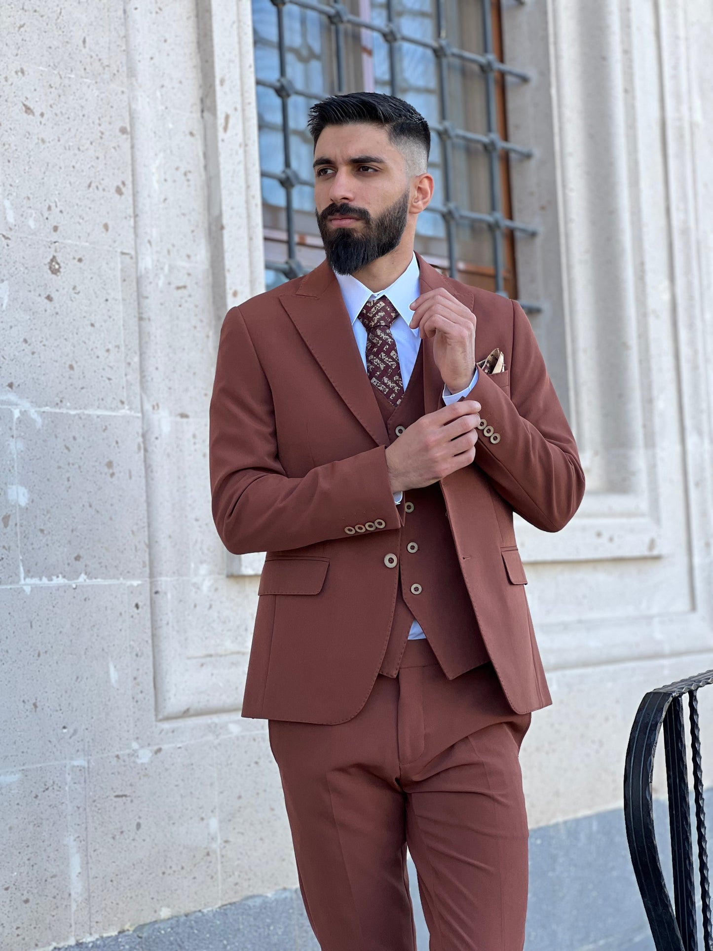 Mens Slim Fit Rust Color Suit | 3 Piece Wool Suit premium 4 way stretch