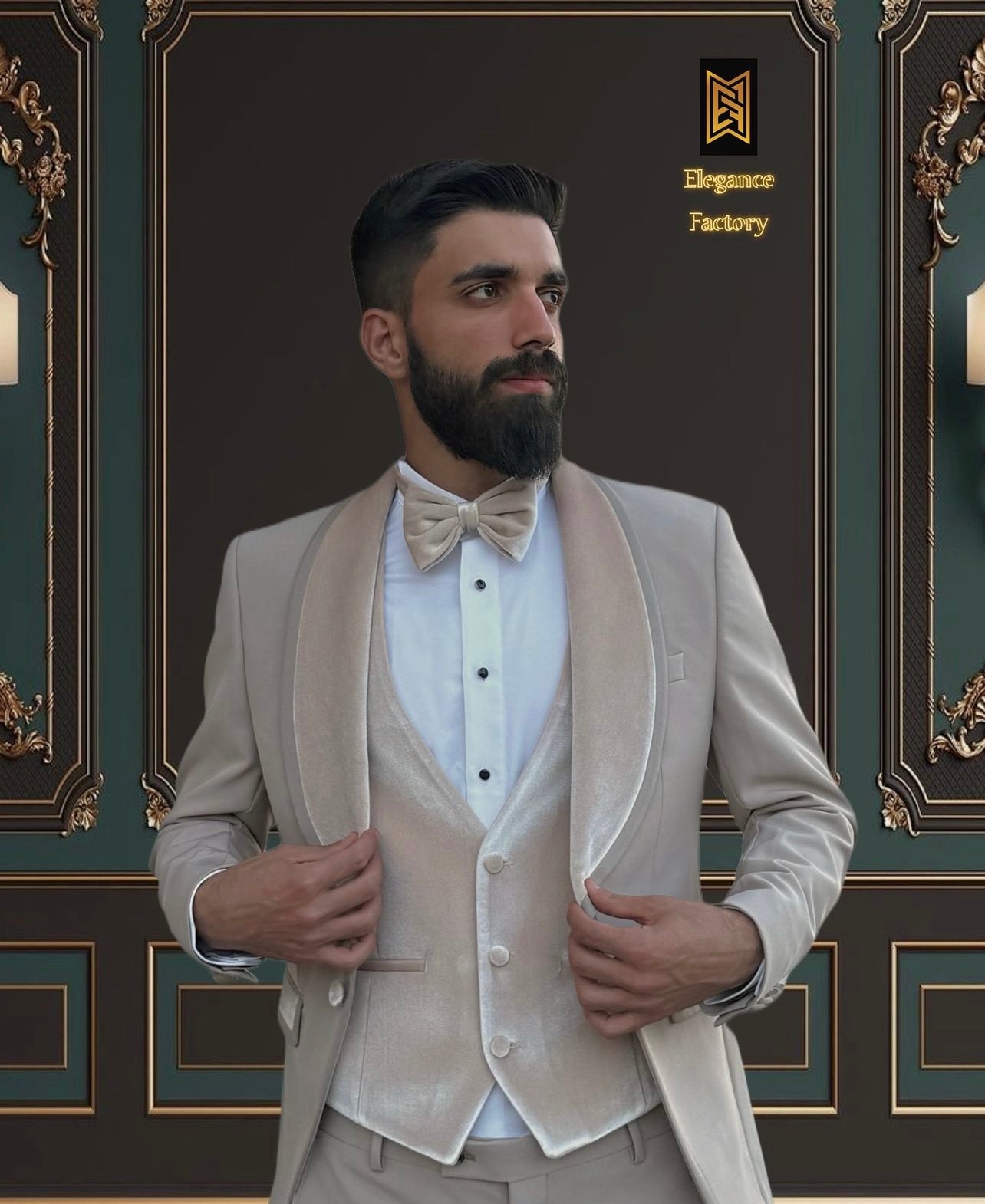 Men's Beige Tuxedo with Champagne Velvet Shawl Lapel and Vest | Elegant Formal Wear