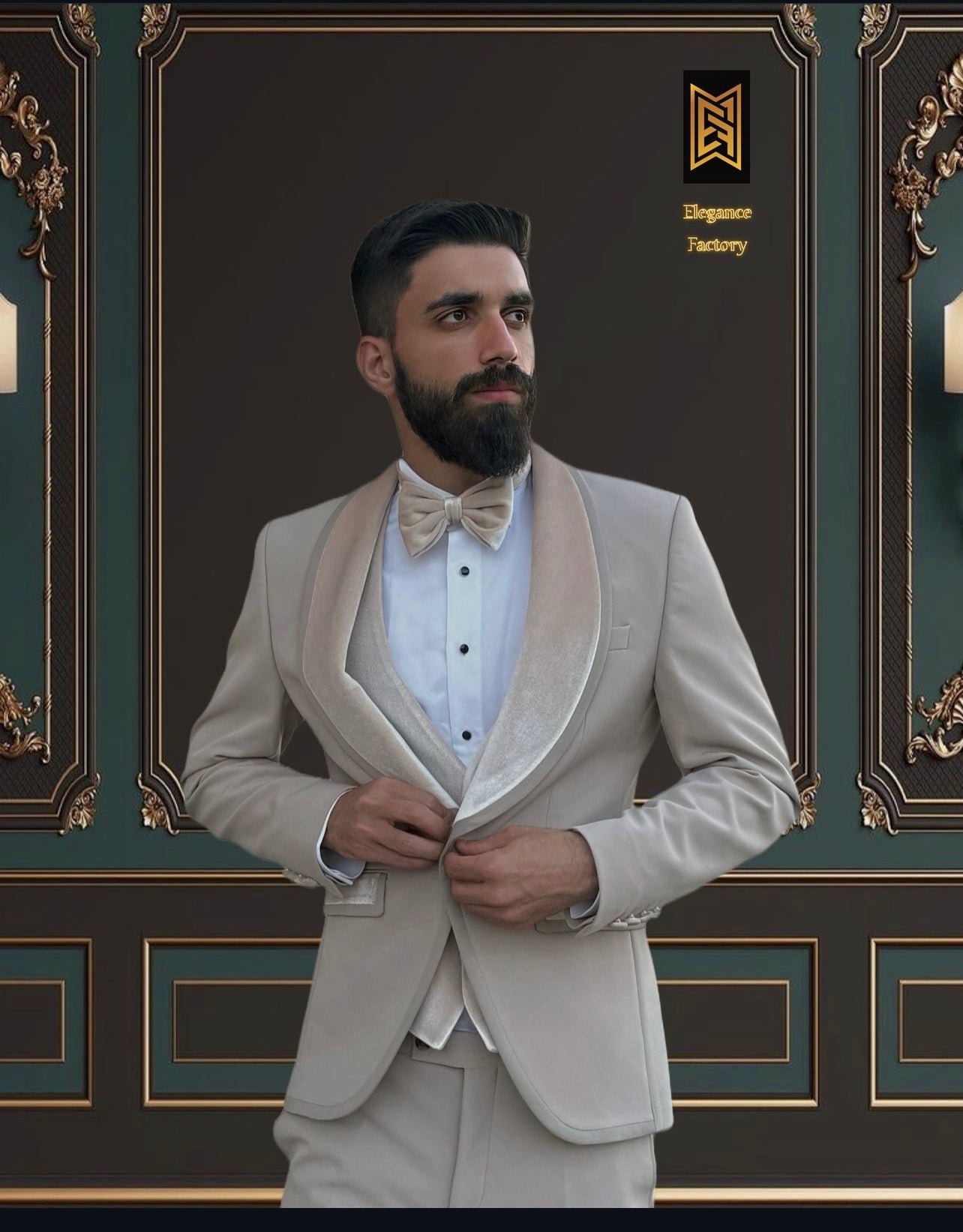 Men's Beige Tuxedo with Champagne Velvet Shawl Lapel and Vest | Elegant Formal Wear