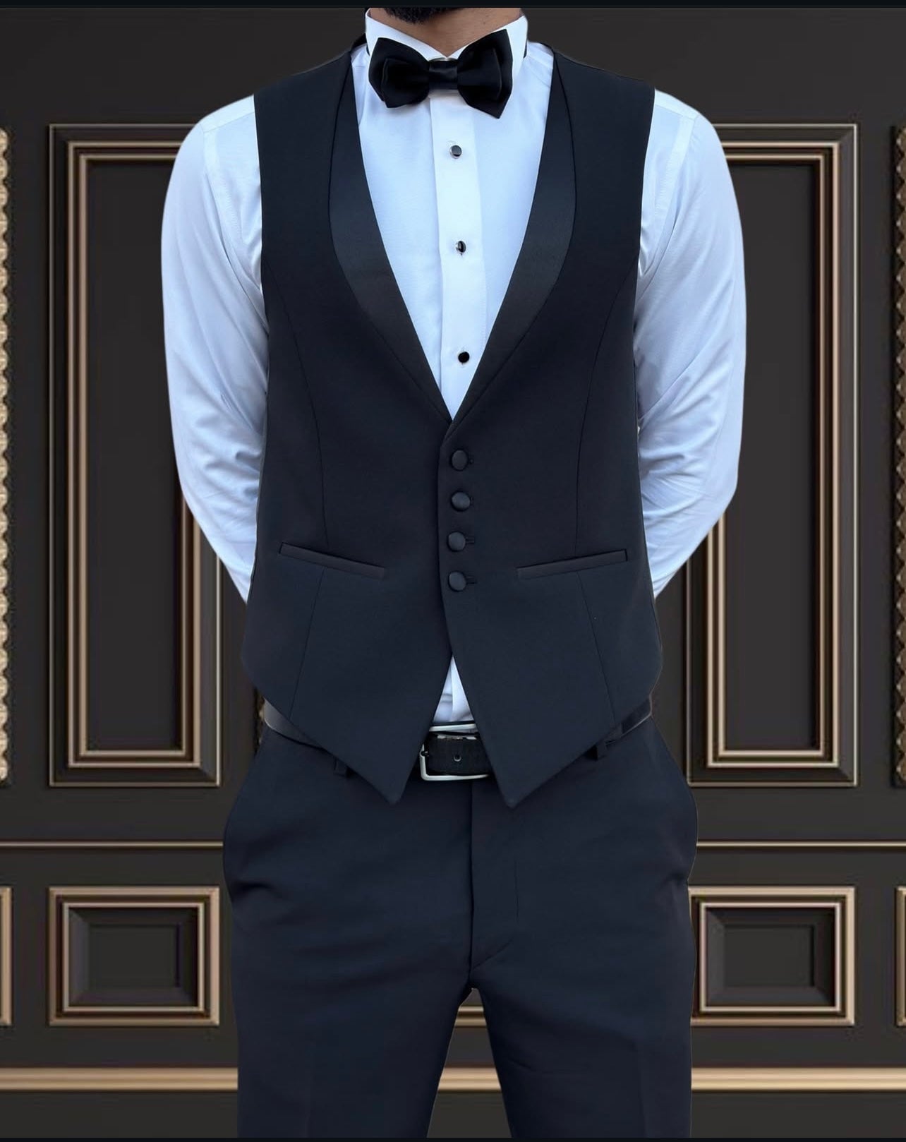 Men’s Black Tuxedo with Satin Peak Lapel | Super Stretch Slim Fit Tuxedo