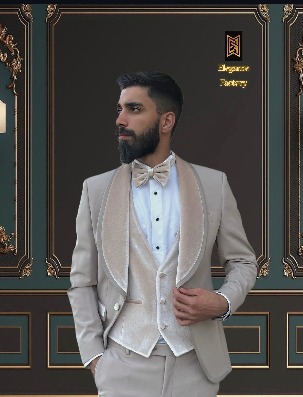 Men's Beige Tuxedo with Champagne Velvet Shawl Lapel and Vest | Elegant Formal Wear