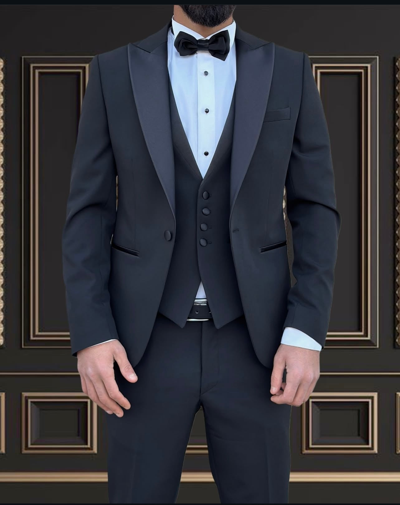 Men’s Black Tuxedo with Satin Peak Lapel | Super Stretch Slim Fit Tuxedo