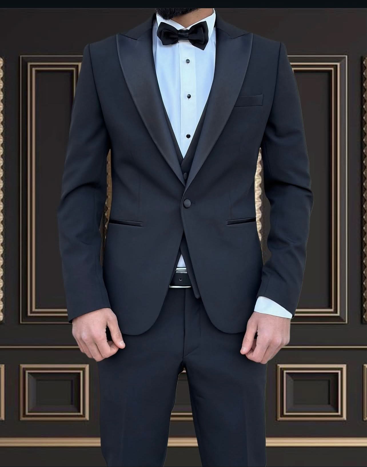 Men's Black Tuxedo with Satin Peak Lapel Super Stretch Slim Fit