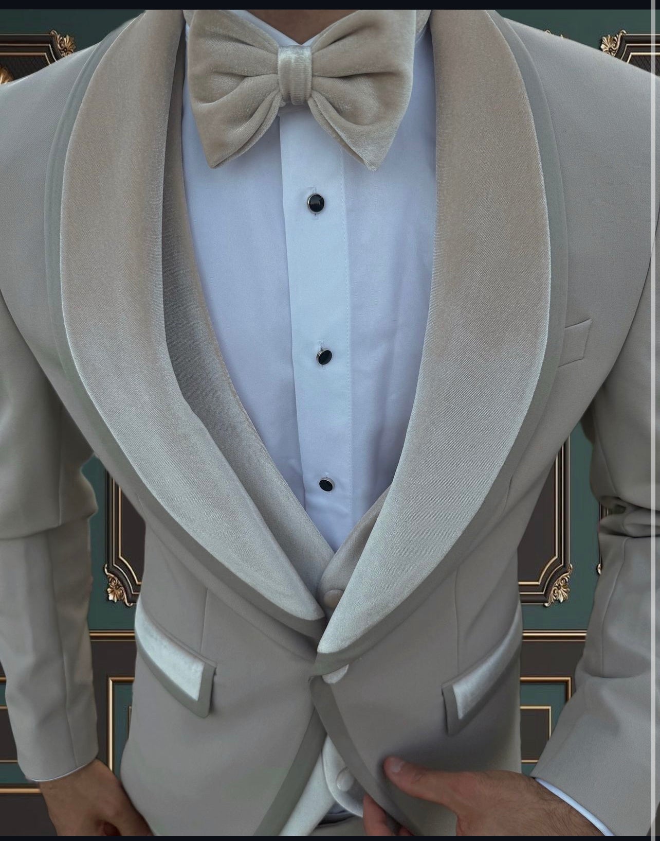 Men's Beige Tuxedo with Champagne Velvet Shawl Lapel and Vest | Elegant Formal Wear