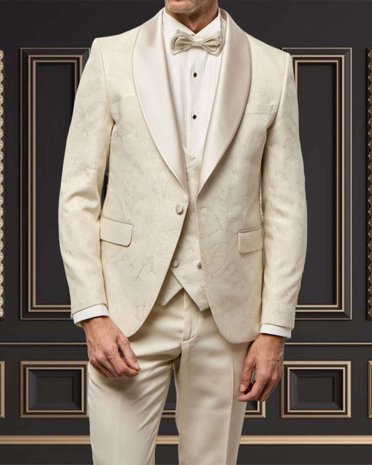 Men's champagne floral shawl lapel tuxedo, perfect for prom and weddings, exuding elegance and sophistication.