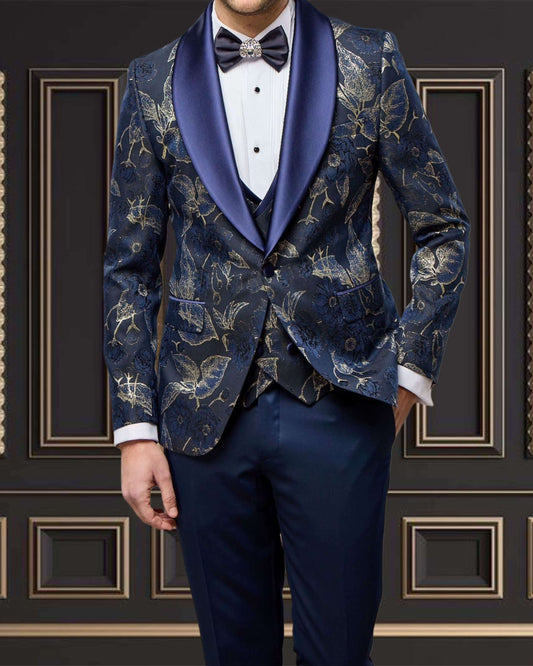 Men's blue and gold floral tuxedo with shawl lapel, ideal for weddings and proms, showcasing elegant formal wear.