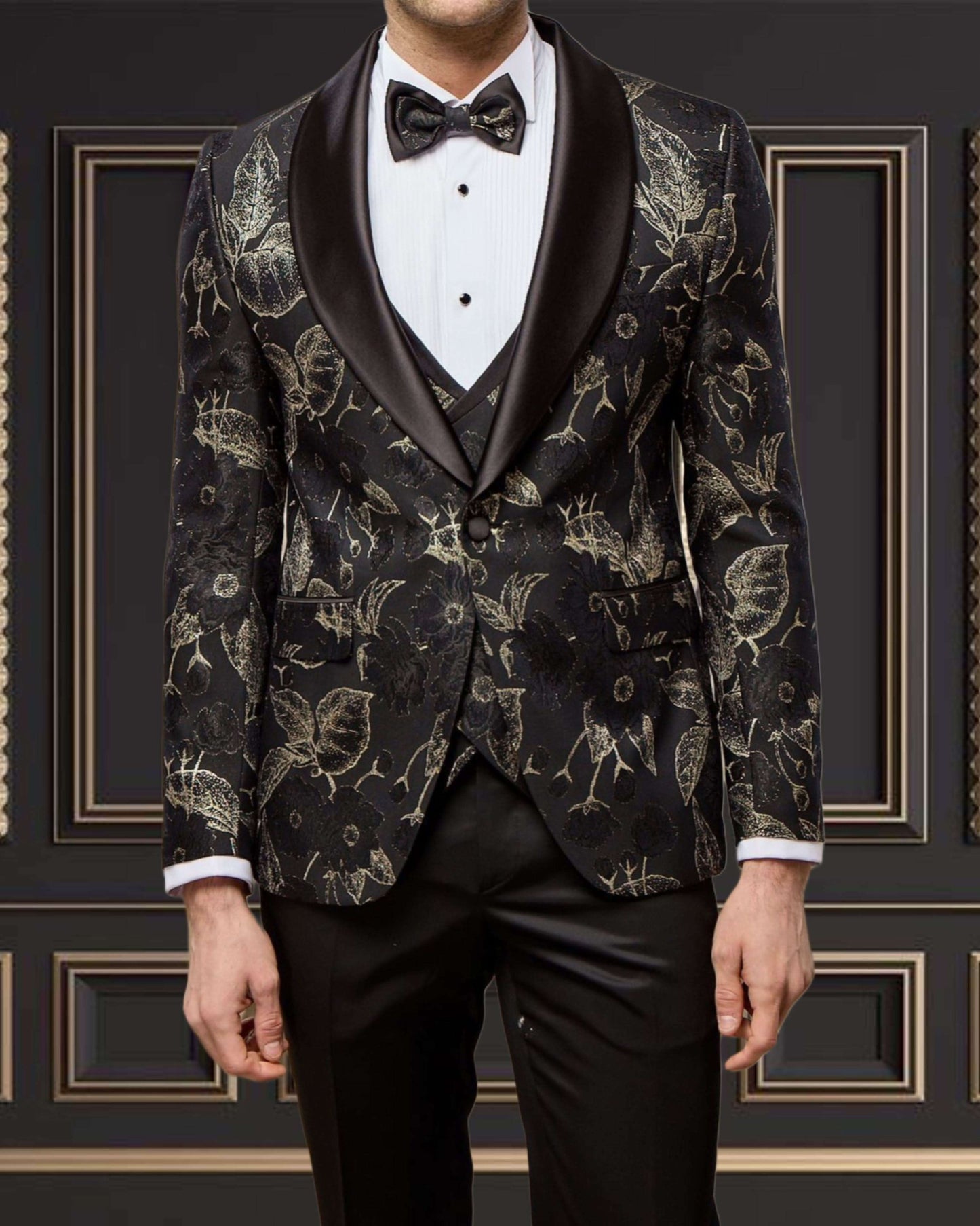 Premium men's black and gold floral shawl lapel tuxedo, ideal for weddings and formal events, showcasing a stylish slim fit.