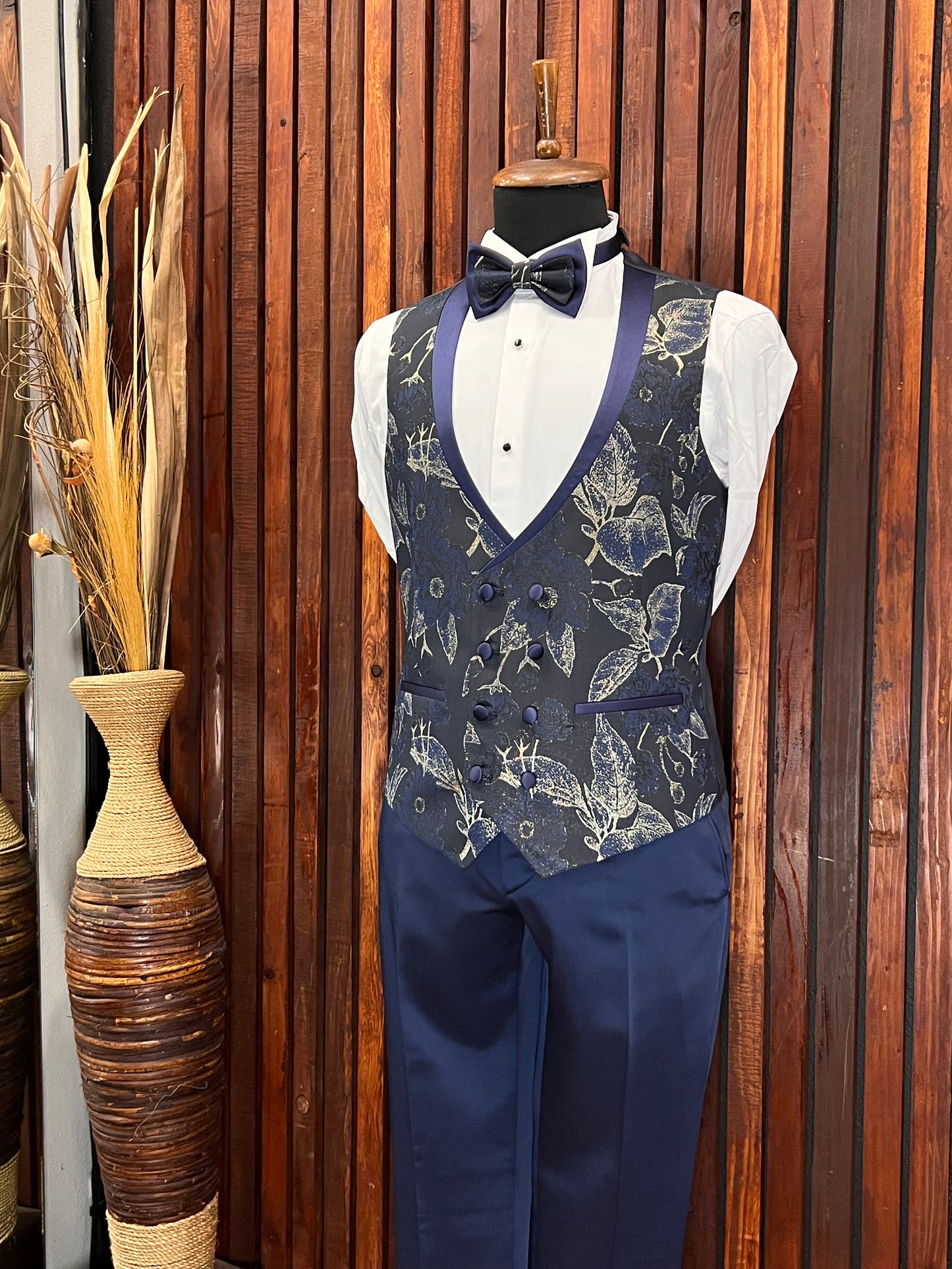 Men's Blue & Gold Floral Tuxedo With Shawl Lapel for Weddings and Prom - Elegance Factory