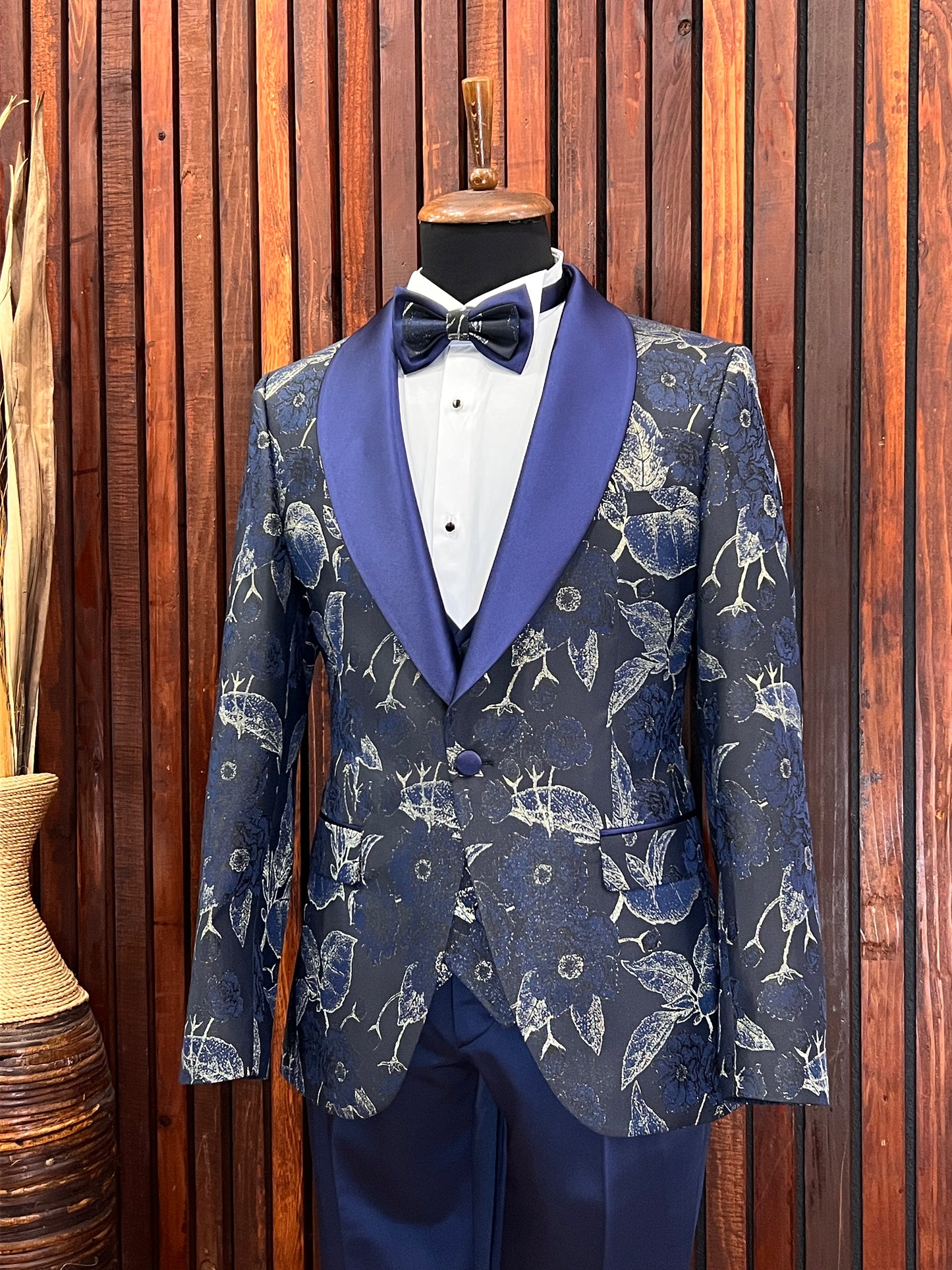 Men's Blue & Gold Floral Tuxedo With Shawl Lapel for Weddings and Prom - Elegance Factory