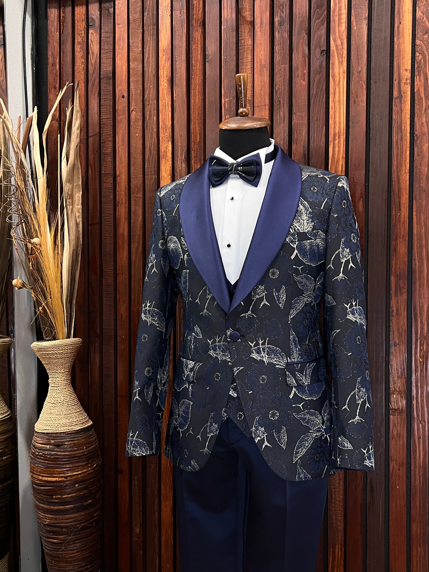 Men's Blue & Gold Floral Tuxedo With Shawl Lapel for Weddings and Prom - Elegance Factory