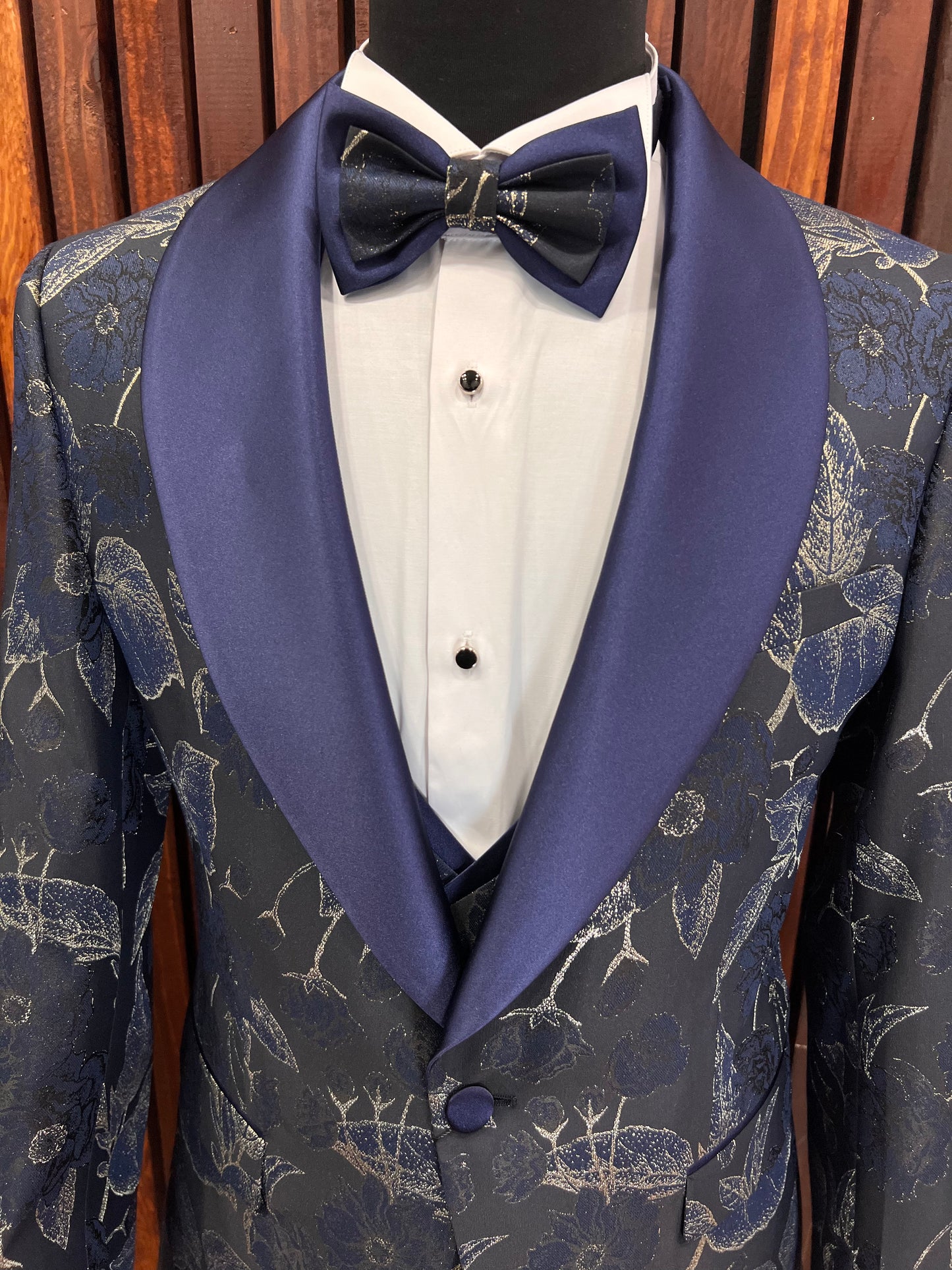 Men's Blue & Gold Floral Tuxedo With Shawl Lapel for Weddings and Prom - Elegance Factory