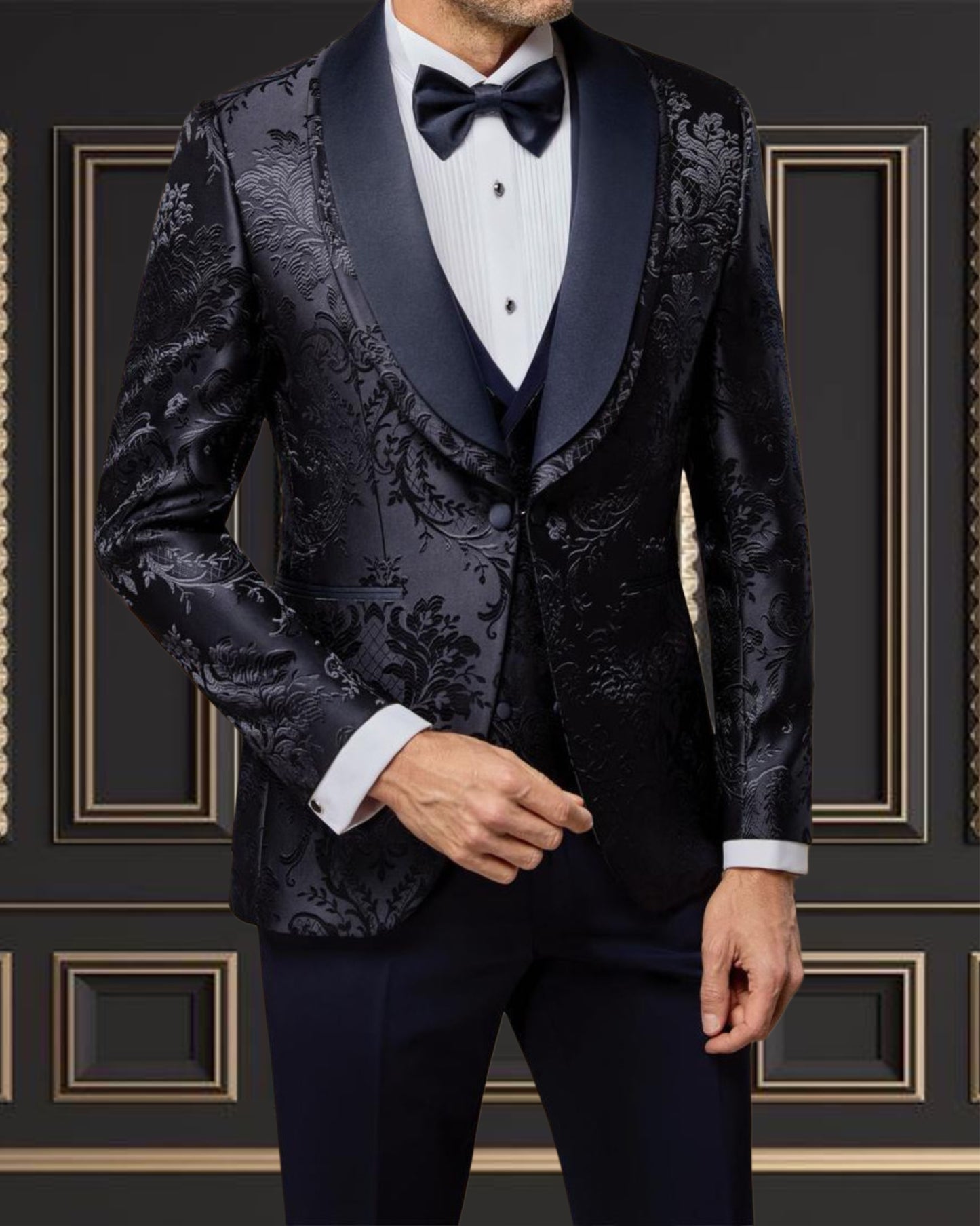 Premium Men's Navy Blue Floral Tuxedo – Perfect for Weddings & Proms