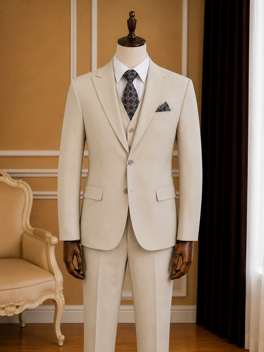 Men’s Beige Peak Lapel 3 Piece Suit