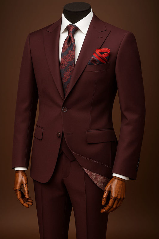 Men's Dark Burgundy 3-Piece Suit | Wide Peak Lapel