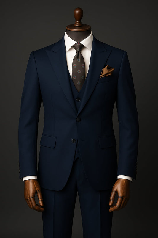 Men's Navy Blue 3-Piece Suit with Wide Peak Lapel