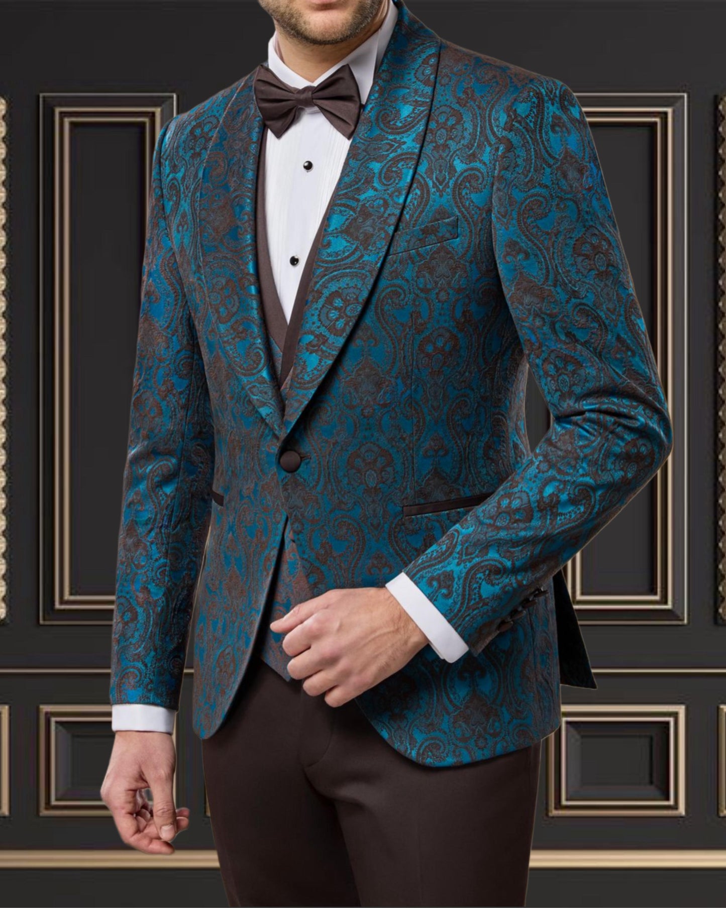 Men’s Sky Blue And Brown Tuxedo with Shawl Lapel