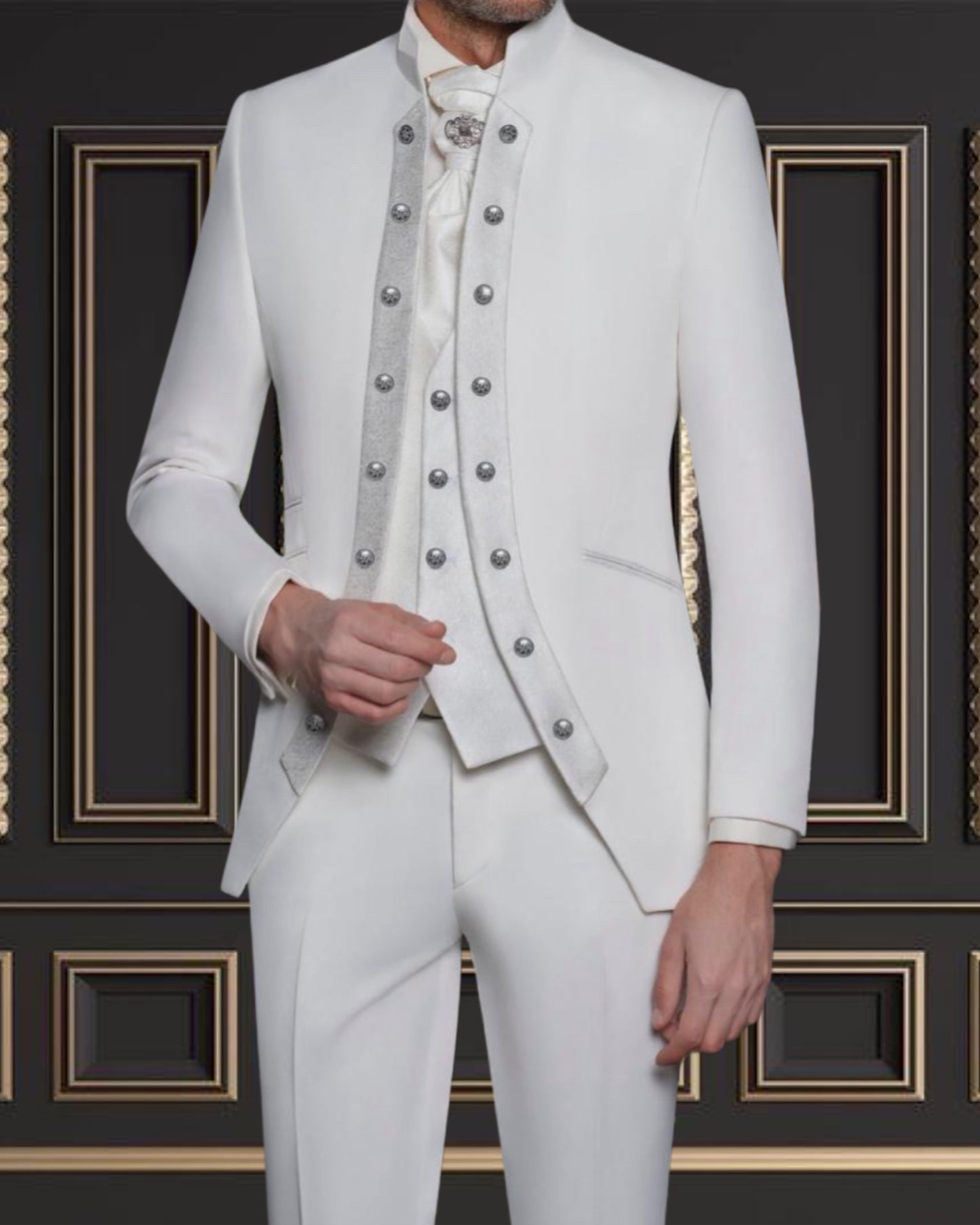 Men's Off-White Mandarin Collar Tuxedo | Formal Wear for Weddings & Events