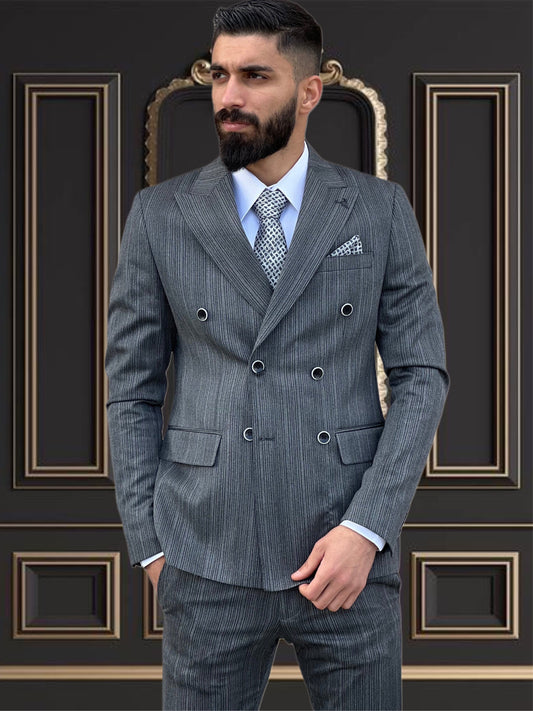 Mens Slim Fit stripped Gray Suit | Double Breasted Wool Suit premium 4 way stretch