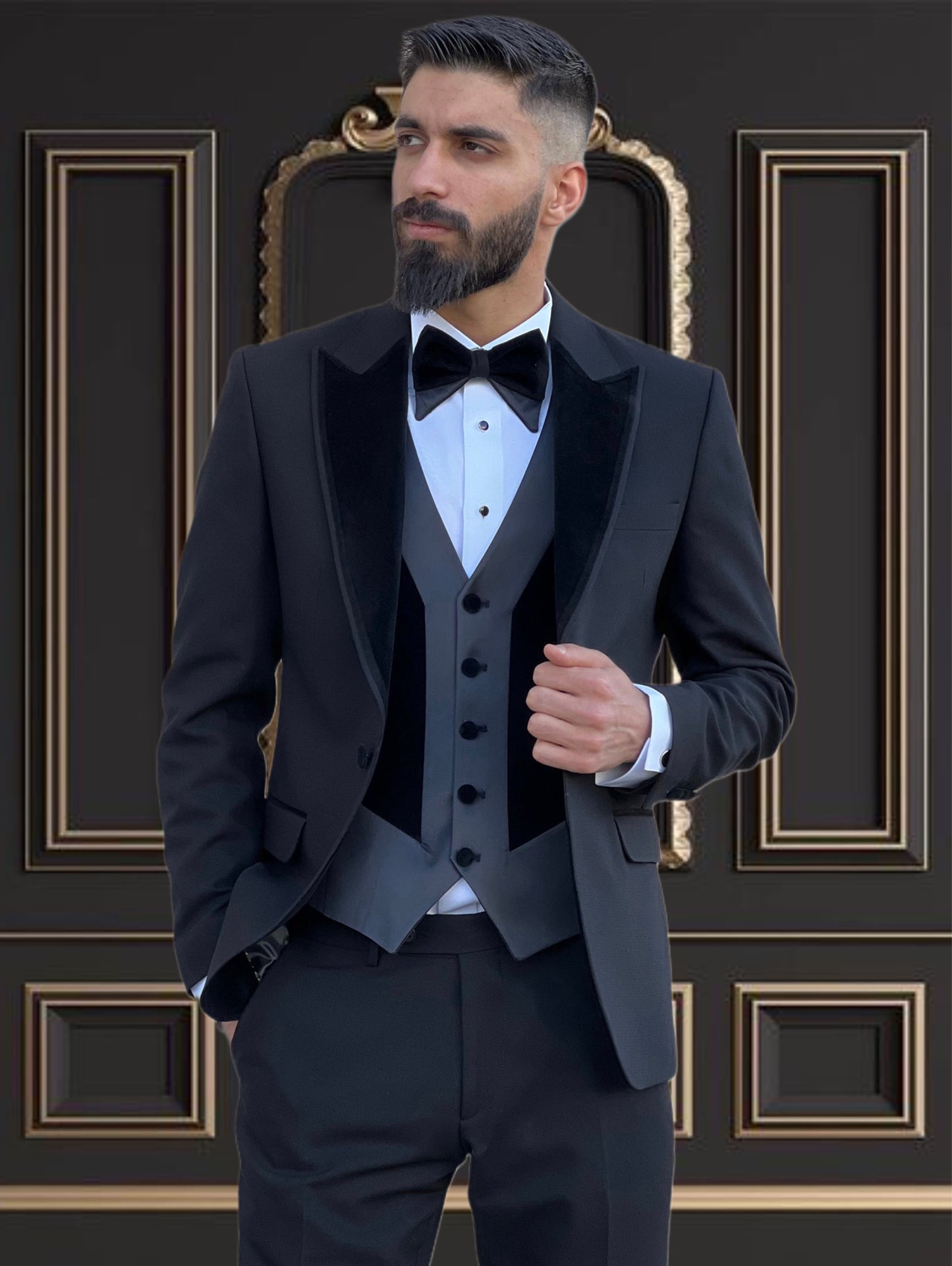 Slim Fit Black Single Breasted Tuxedo with Velvet Peak Lapel for Wedding and special occasions