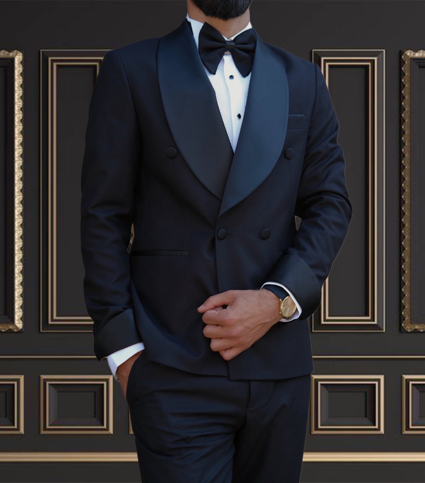 Men’s Black Double-Breasted Slim Fit Tuxedo – Classic & Elegant