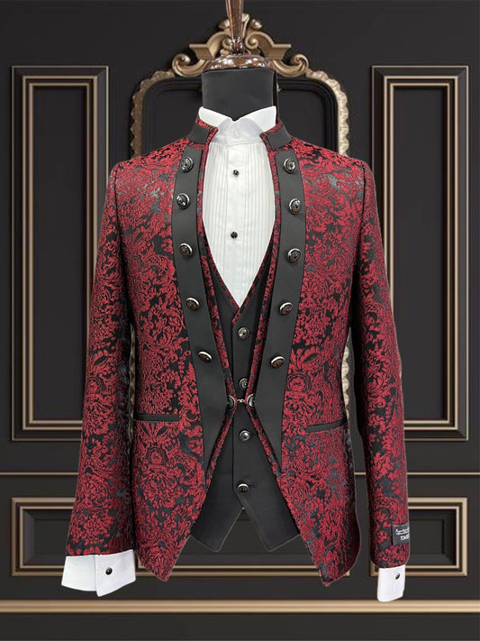 Men's Burgundy Mandarin Collar Tuxedo | Slim Fit Premium Tux