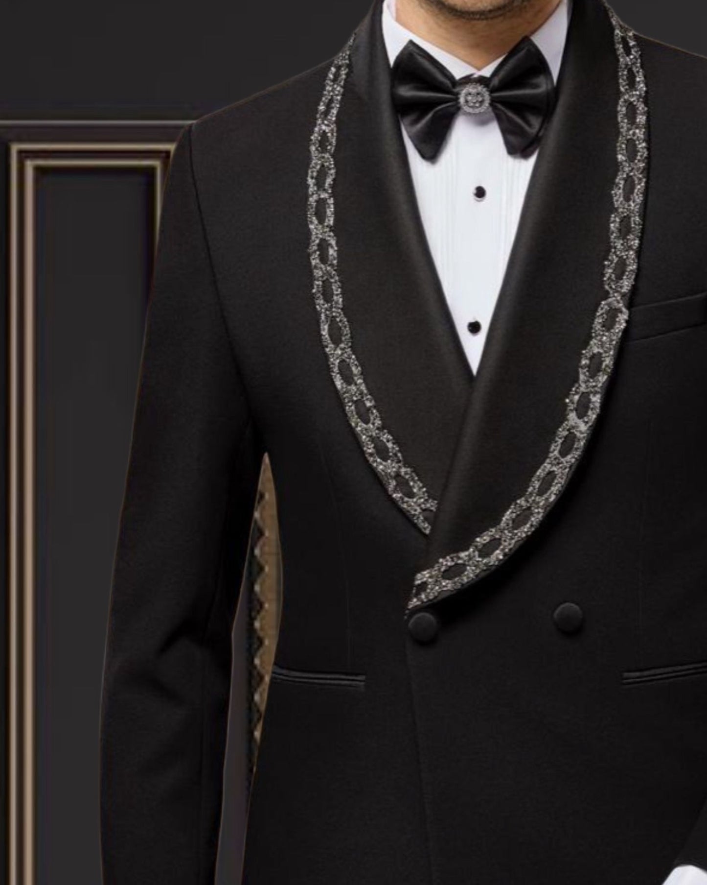 Men’s Black Double-Breasted Tuxedo with Embroidered Shawl Lapel