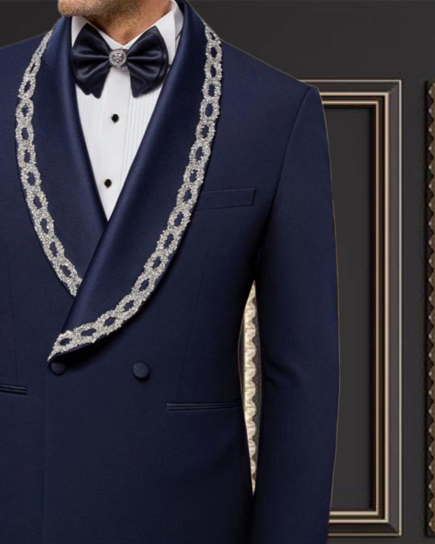 Men’s Navy Blue Double-Breasted Tuxedo with Embroidered Shawl Lapel