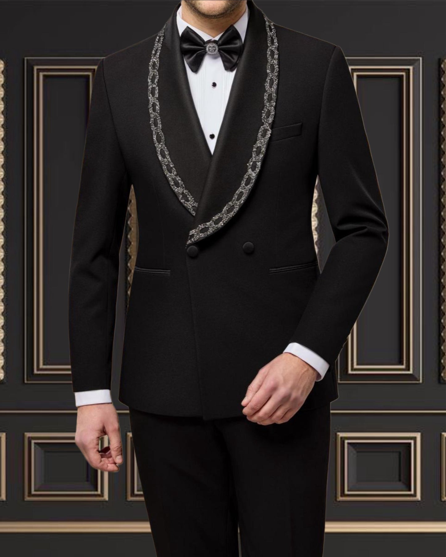 Men’s Black Double-Breasted Tuxedo with Embroidered Shawl Lapel