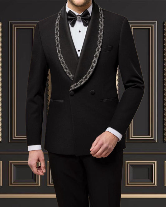 Men’s Black Double-Breasted Tuxedo with Embroidered Shawl Lapel