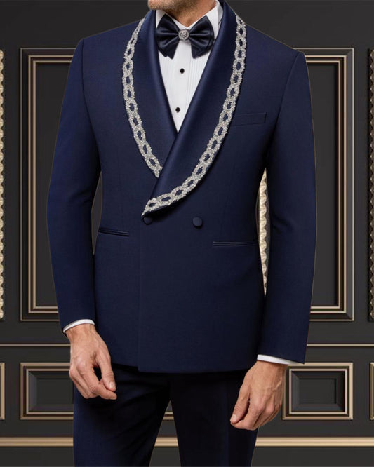Men’s Navy Blue Double-Breasted Tuxedo with Embroidered Shawl Lapel