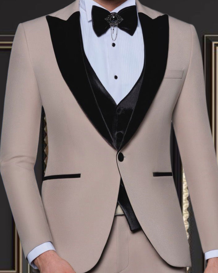 Men’s Beige Champagne Tuxedo with Black Velvet Peak Lapel