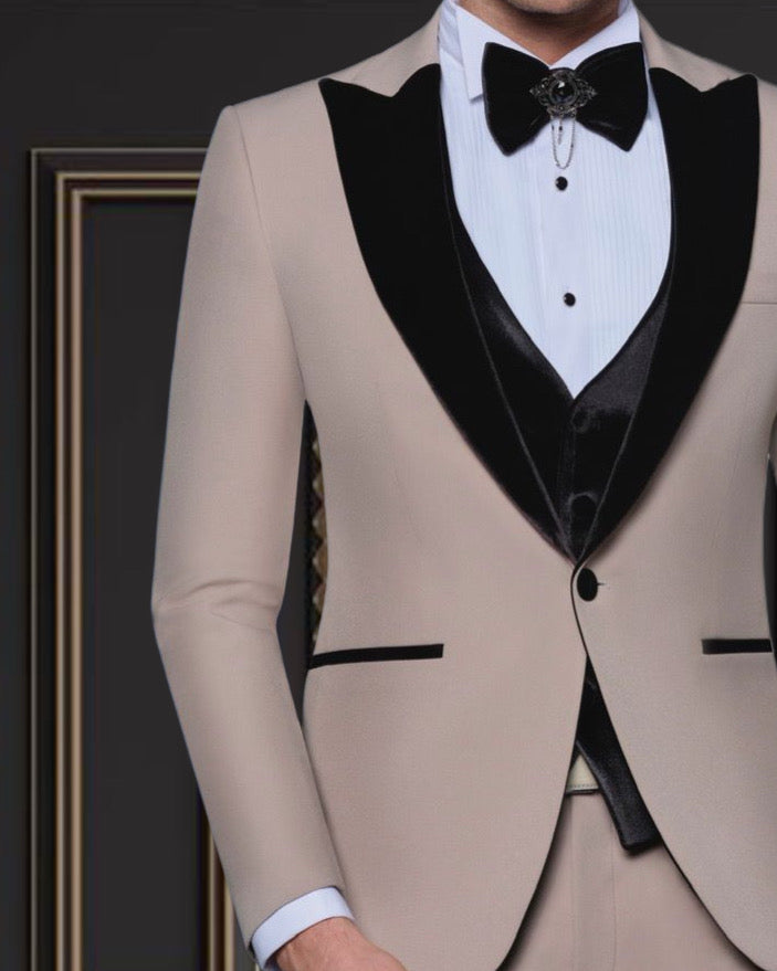 Men’s Beige Champagne Tuxedo with Black Velvet Peak Lapel