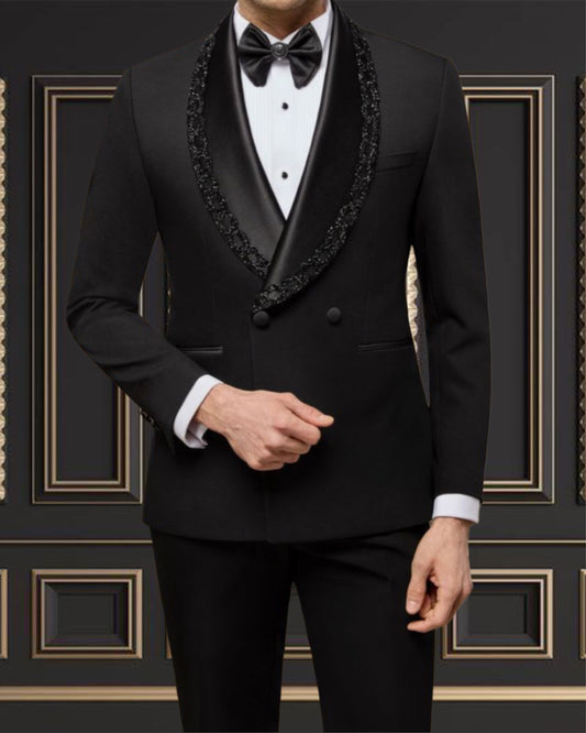 Men’s Black Double-Breasted Tuxedo with Embroidered Shawl Lapel