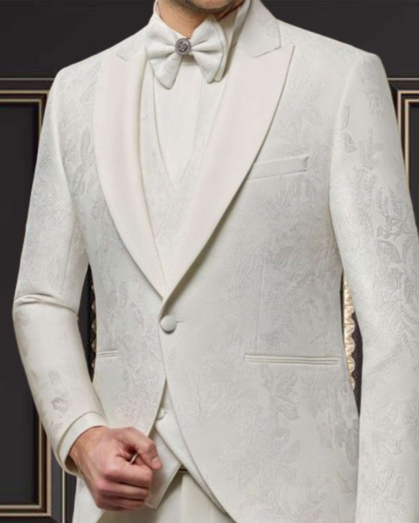 All Off White Floral Tuxedo with White Satin Lapel