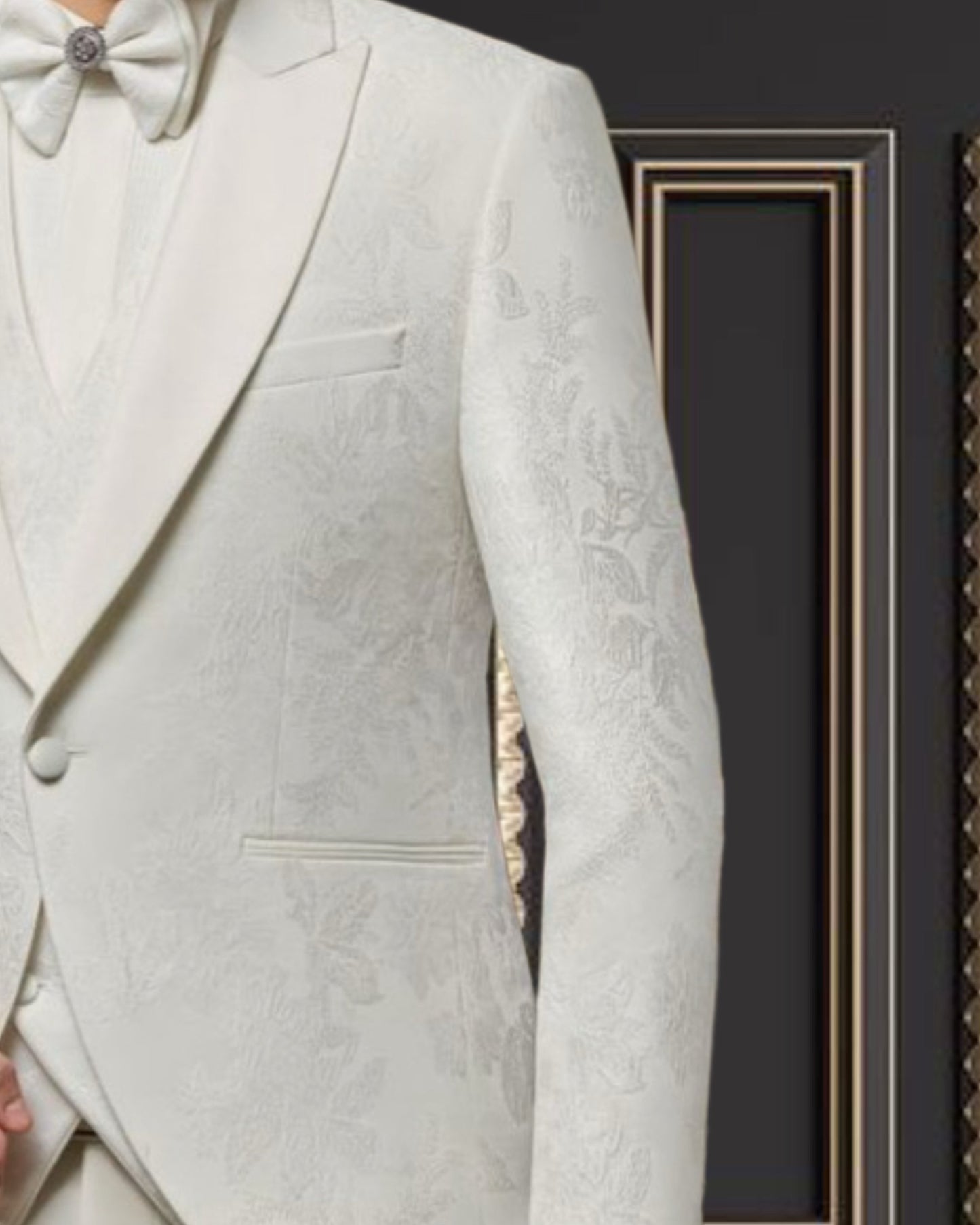 All Off White Floral Tuxedo with White Satin Lapel