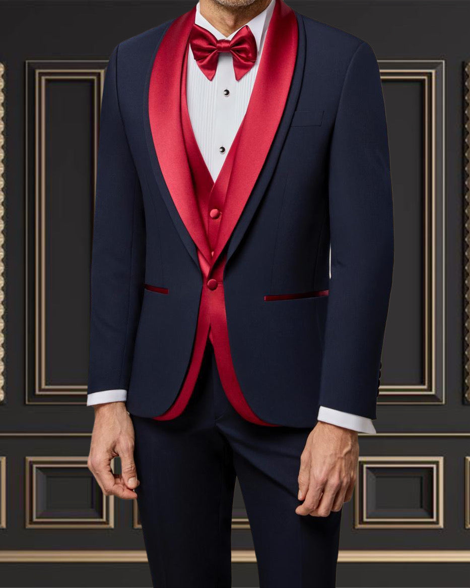 Men’s Navy Tuxedo with Red Satin Shawl Lapel & Red Vest