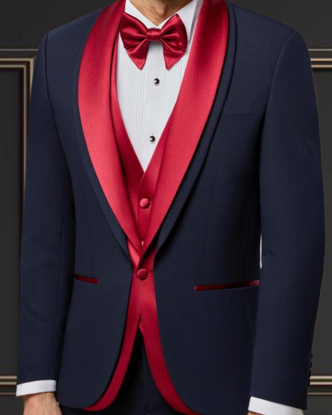 Men’s Navy Tuxedo with Red Satin Shawl Lapel & Red Vest