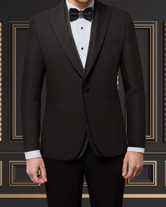 Men’s Black Peak Lapel Tuxedo with Glitter Trim & Solid Vest – Super Stretch