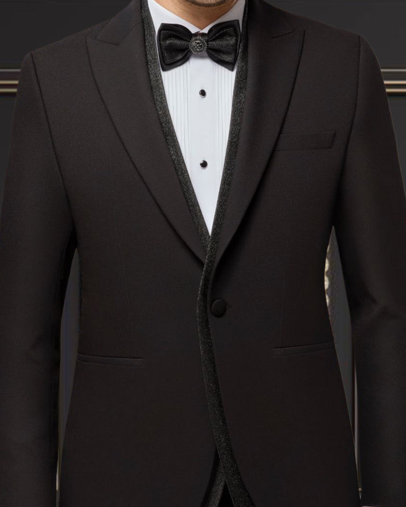 Men’s Black Peak Lapel Tuxedo with Glitter Trim & Solid Vest – Super Stretch