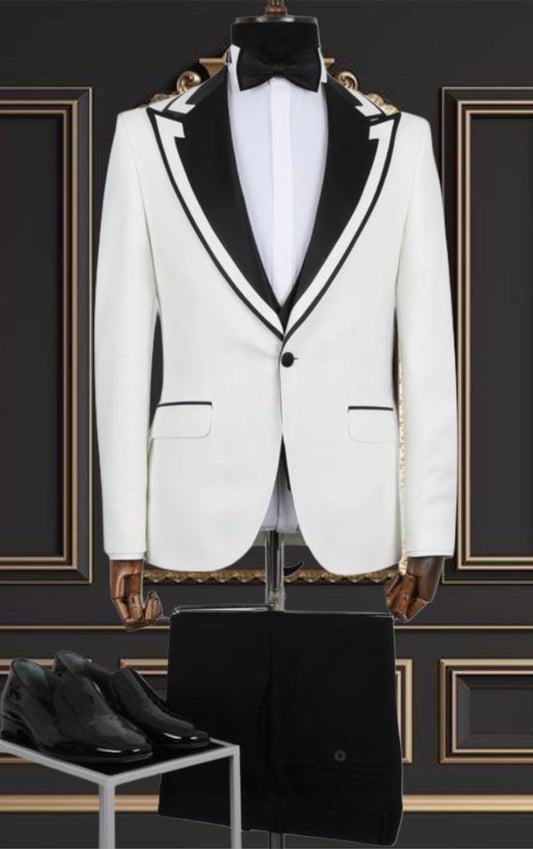 Premium Men's White Tuxedo with Black Peak Lapel & Black Pants – Elegant & Modern