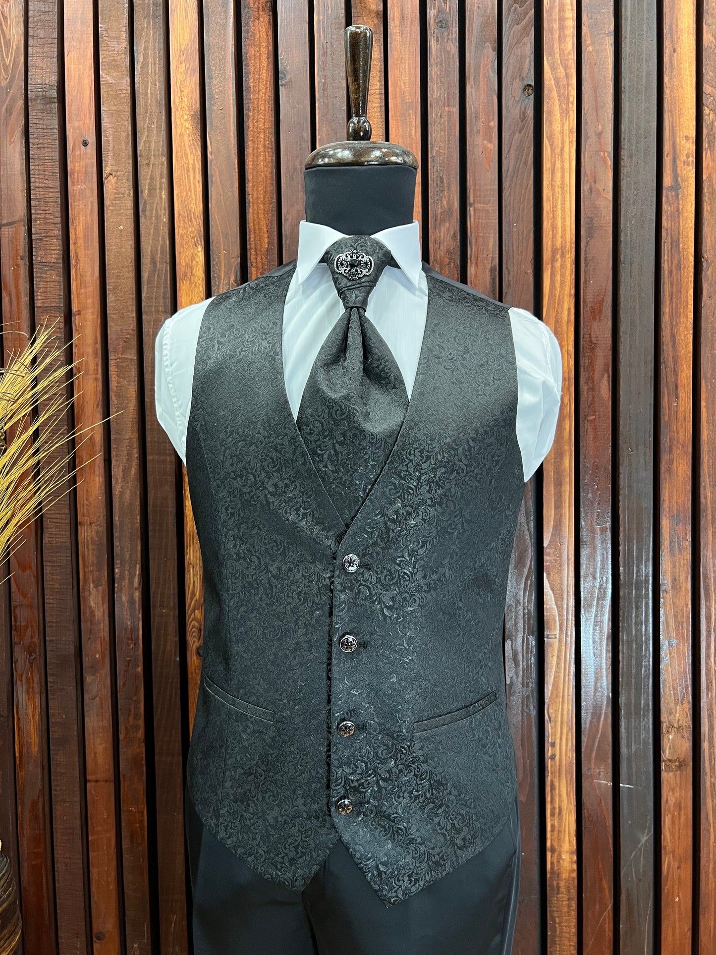 Men's Black Floral Tuxedo with Mandarin Collar | Unique Formal Attire