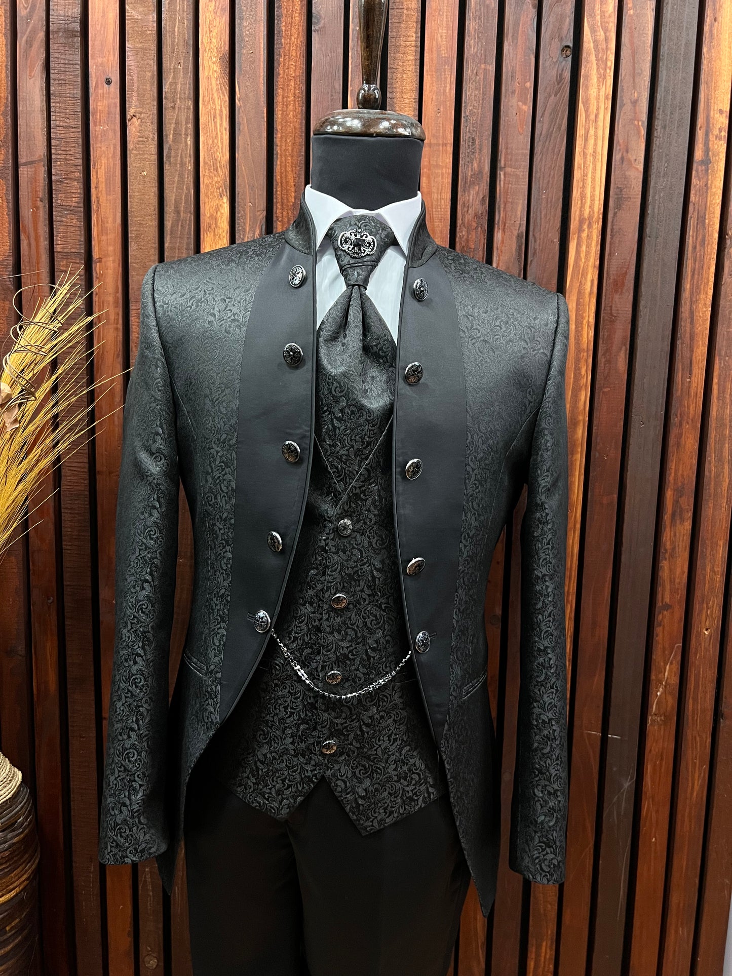 Men's Black Floral Tuxedo with Mandarin Collar | Unique Formal Attire