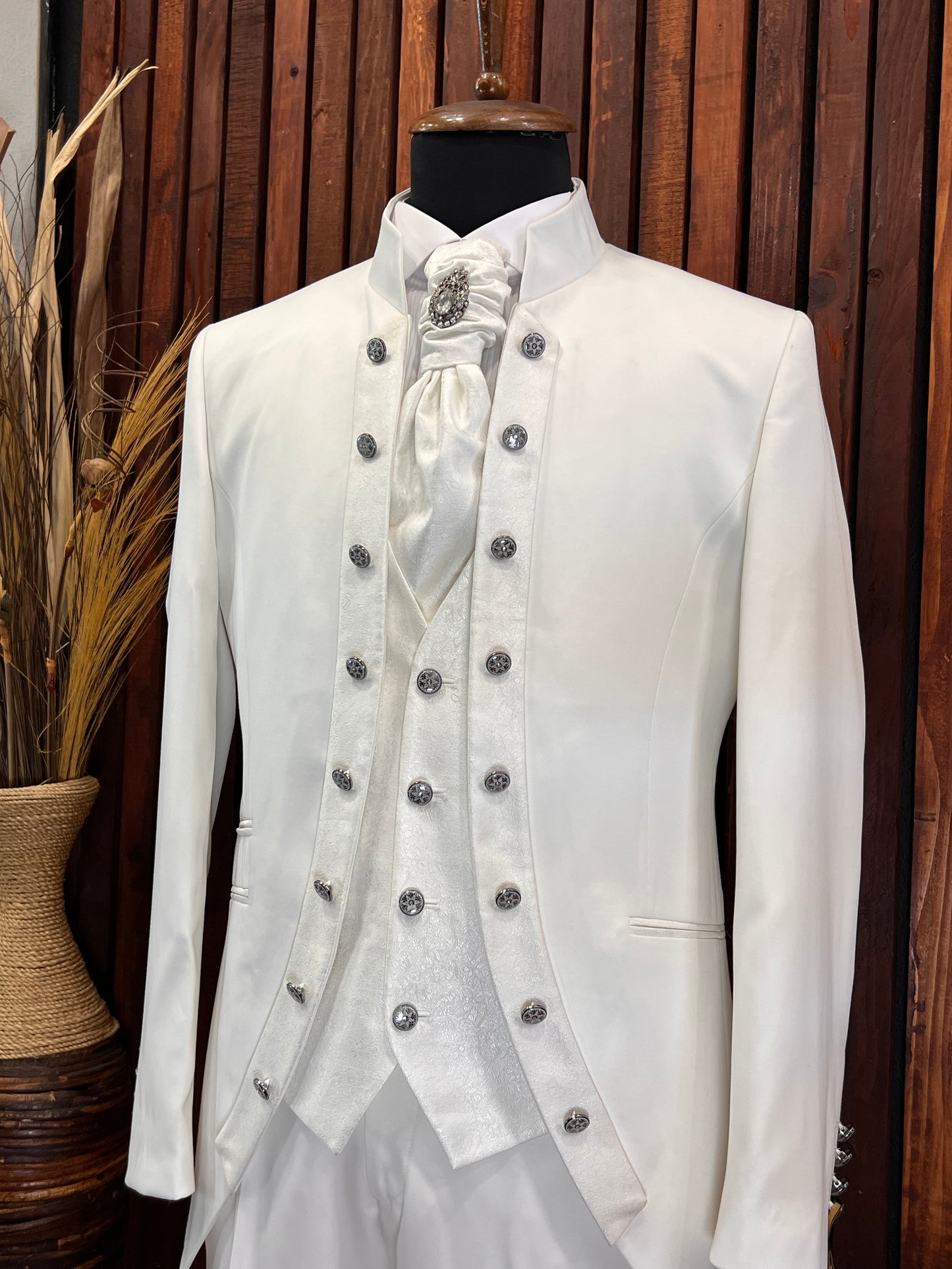 Mens All Off White Tuxedo | Mandarin Collar Tuxedo | Wedding & Special Events