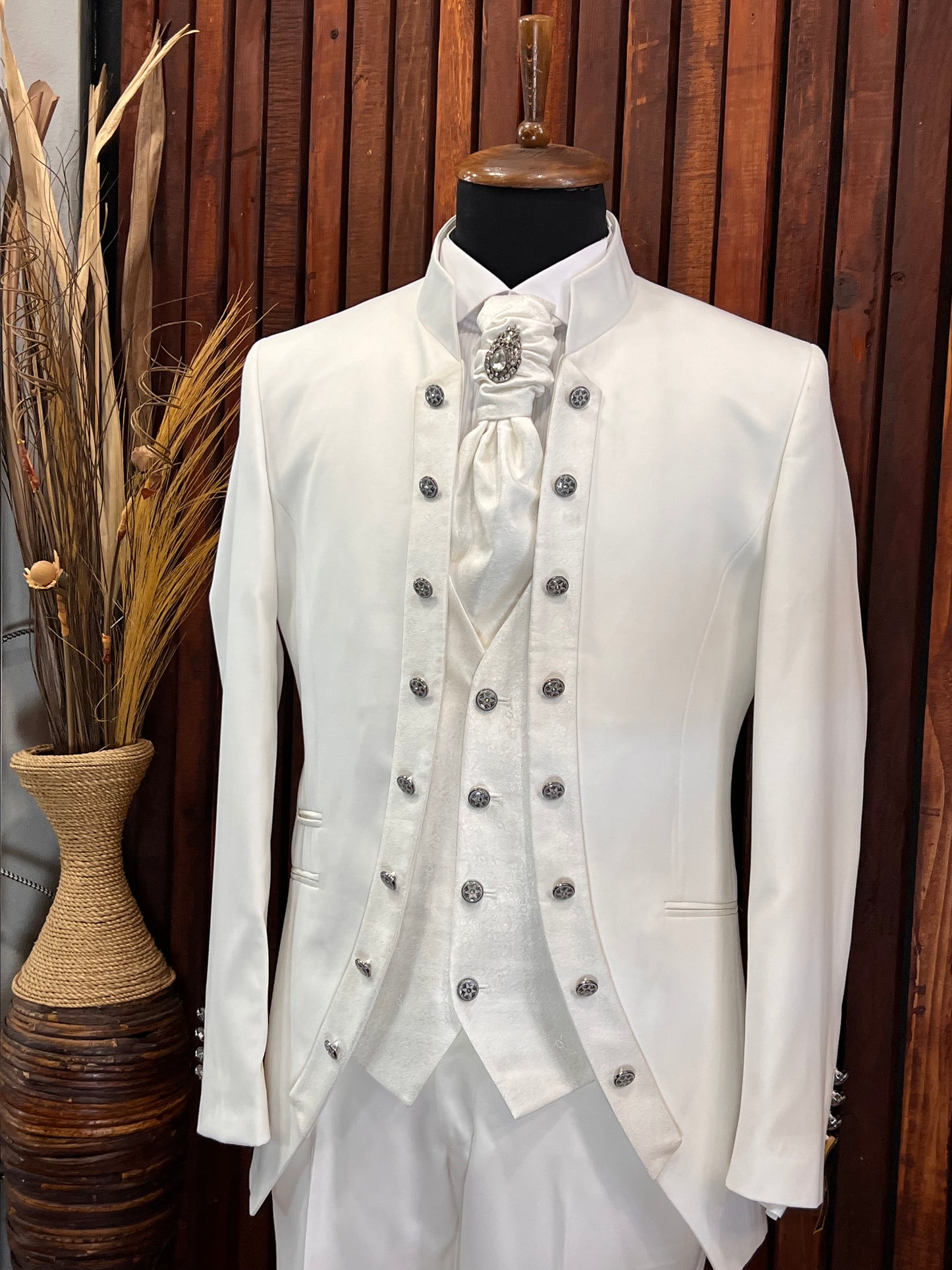 Mens All Off White Tuxedo | Mandarin Collar Tuxedo | Wedding & Special Events