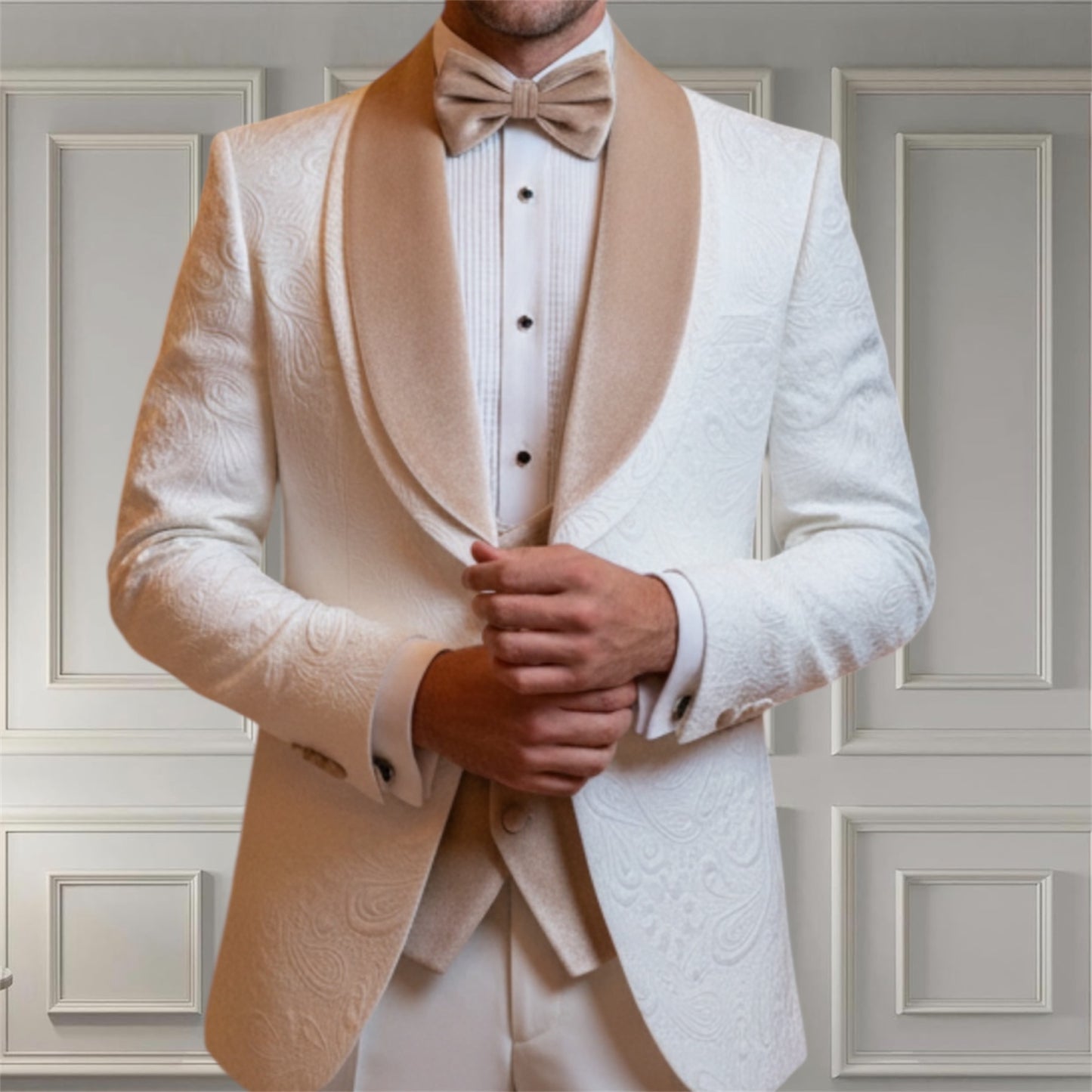 Mens White Tuxedo with champagne velvet lapel
