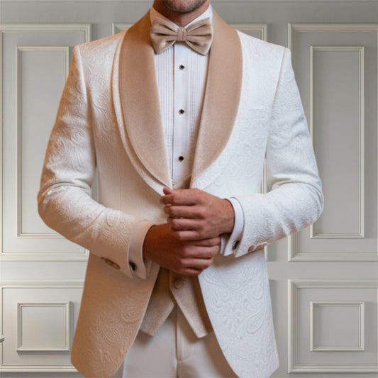 Mens White Tuxedo with champagne velvet lapel