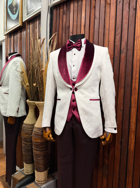 Men’s Burgundy Plum 3-Piece Tuxedo Suit with Velvet Lapel – Formal Wedding & Prom Suit